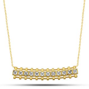 Gümüş Gold Zirkon Taşlı Kare Bar Kadın Kolye